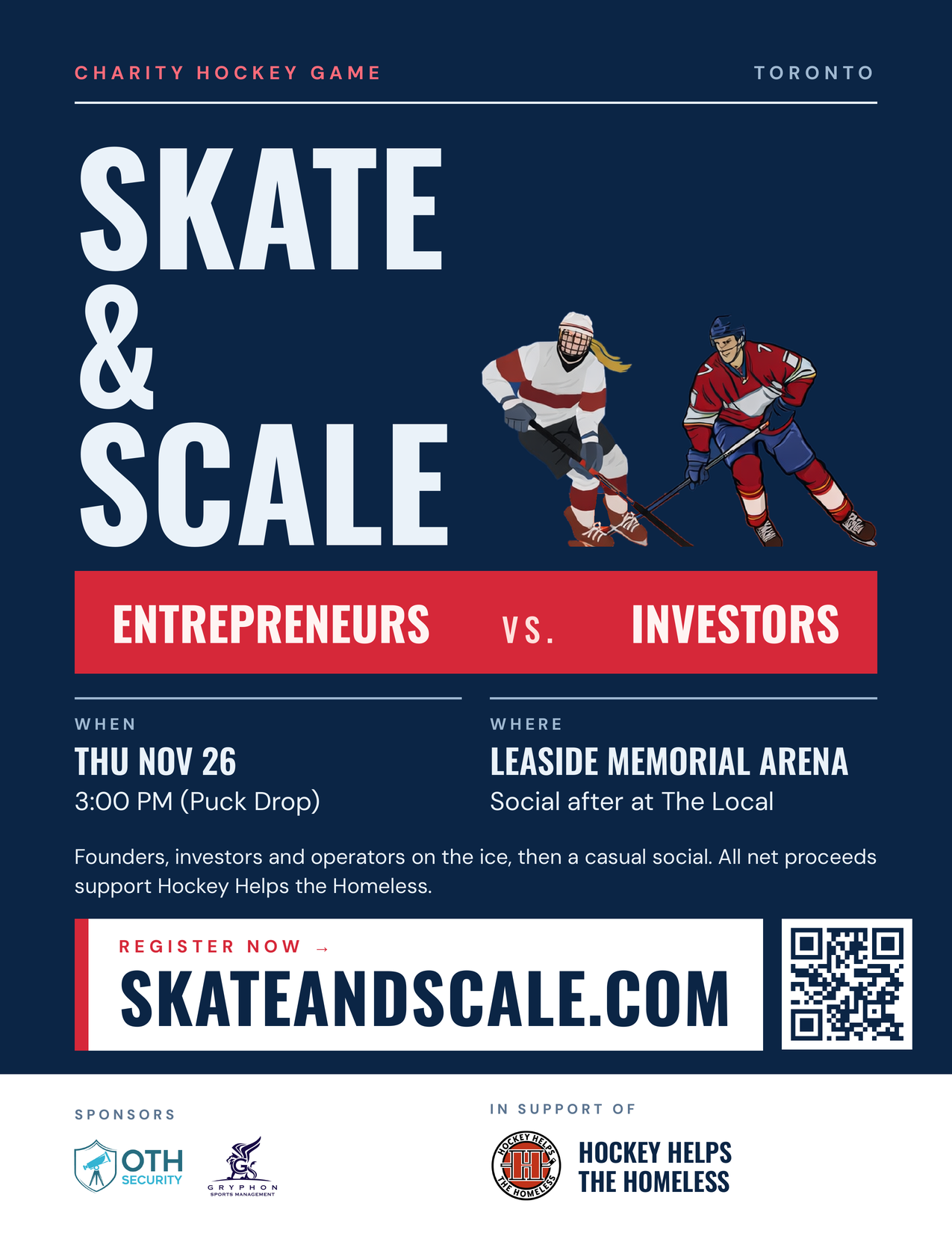 Skate & Scale poster: Entrepreneurs vs. Investors, Thursday Nov 26 at 3:00 PM, Leaside Memorial Arena, Toronto